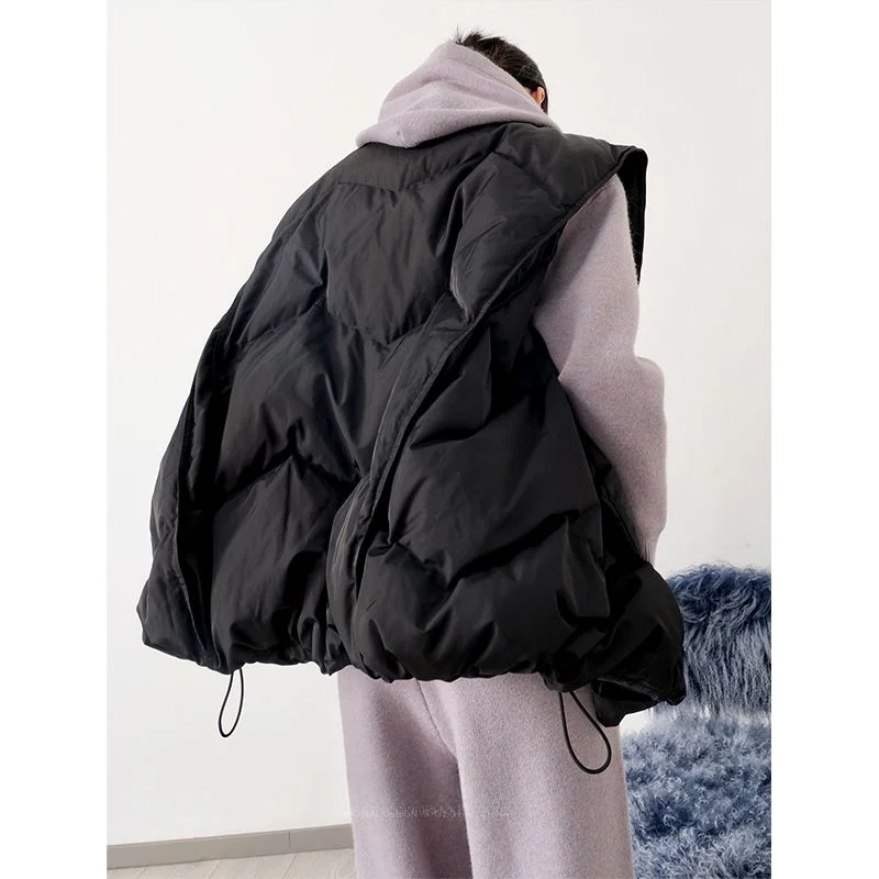 

Sli Retro V-Ne Cross Front White Du down Jaet Vest Women's Winter Faion Artistic Straight Cut Warmth Polyester