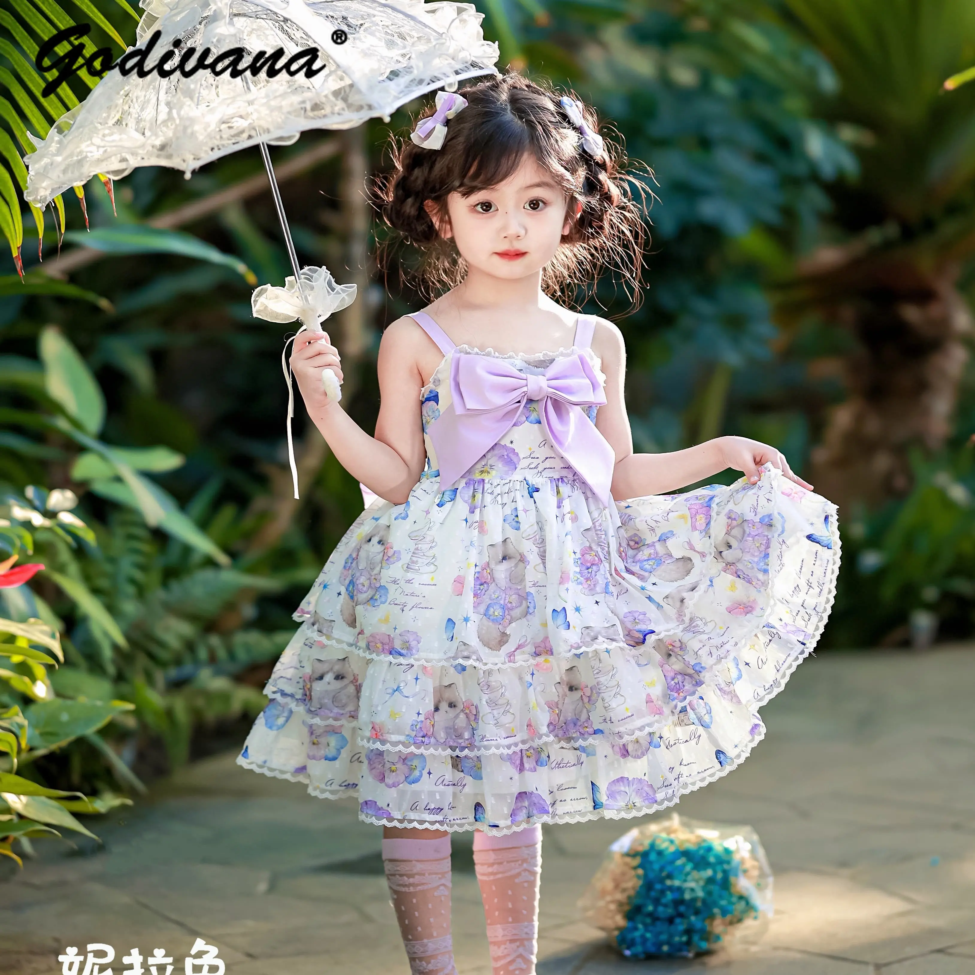 26 New Summer Baby Girls High End Purple Suspender Princess Lolita Dress Kids Cartoon Print Bow Lace Trim Casual Cake Sundress