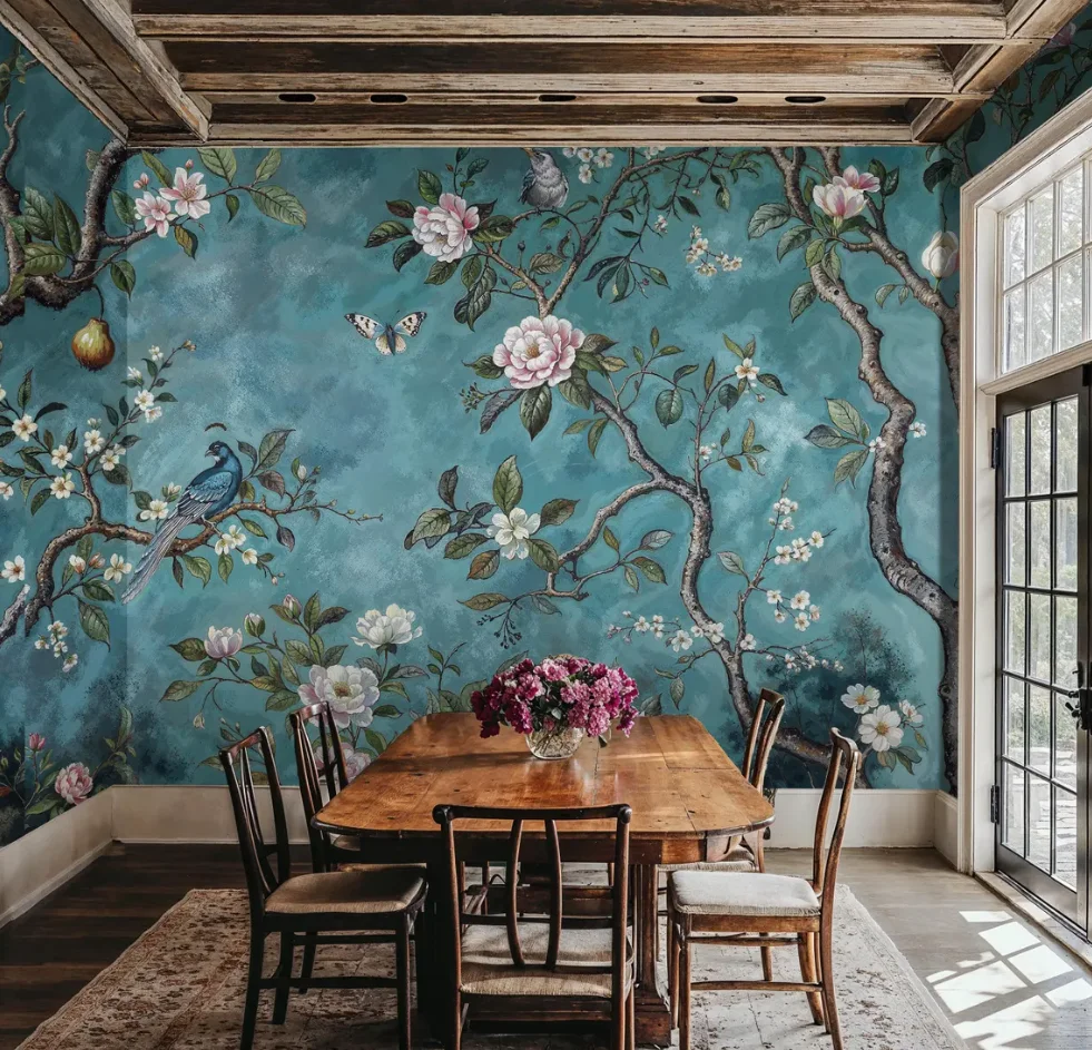 Individuell gestaltete Tapete mit elegantem Kirschblüten-Vogelmotiv, blaue chinesische Wandbilder, für Wohnzimmer und Schlafzimmer, blaues Hintergrunddesign, 3D-Wandbilder.