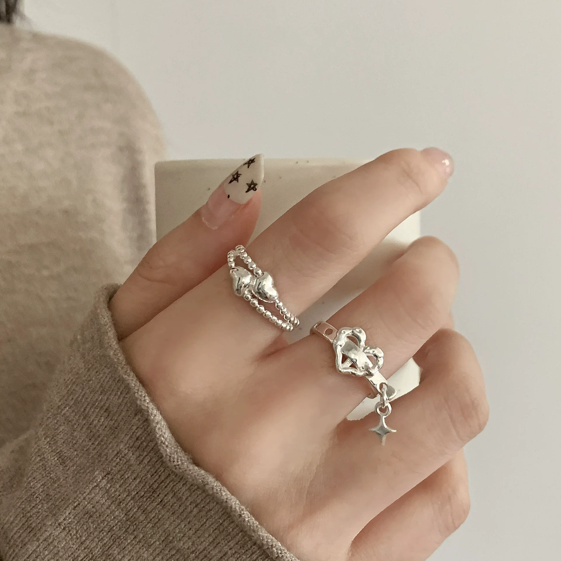 VENTFILLE 925 Sterling Silver Ring for Women Star Love Double Layers Heart Texture Adjustable Romatic Jewelry Gift Dropshipping