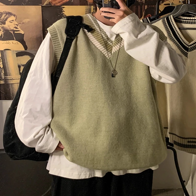 

Loose Casual Men's Knitted Vest Autumn V-Ne Svel College Sle Outerwear Breathable Polyester Fiber Regular Fit