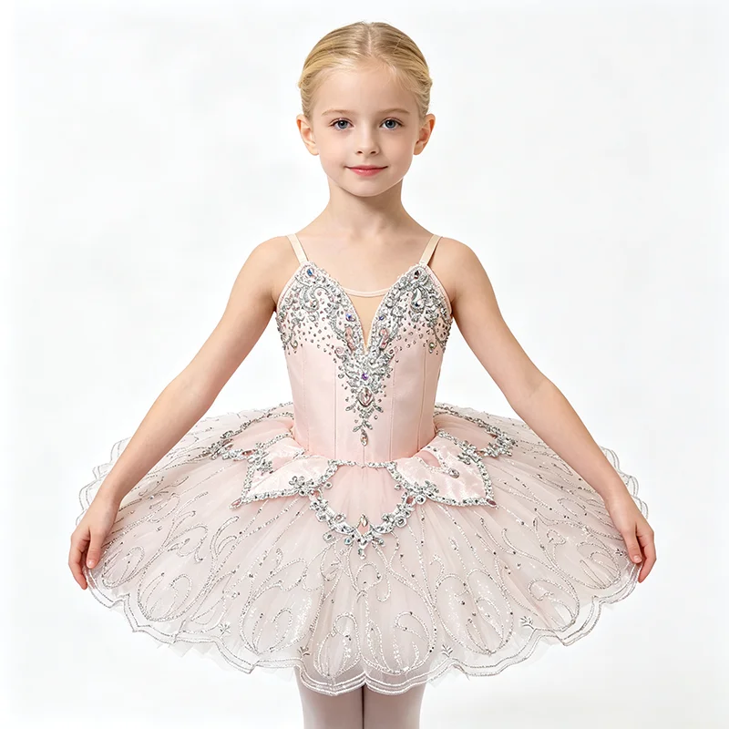Womens Thin Strap V Neck Ballet Tutu Performance Dress Color Rhinestone Scroll Five-pointed Star Applique Wavy Trim Light Pink F