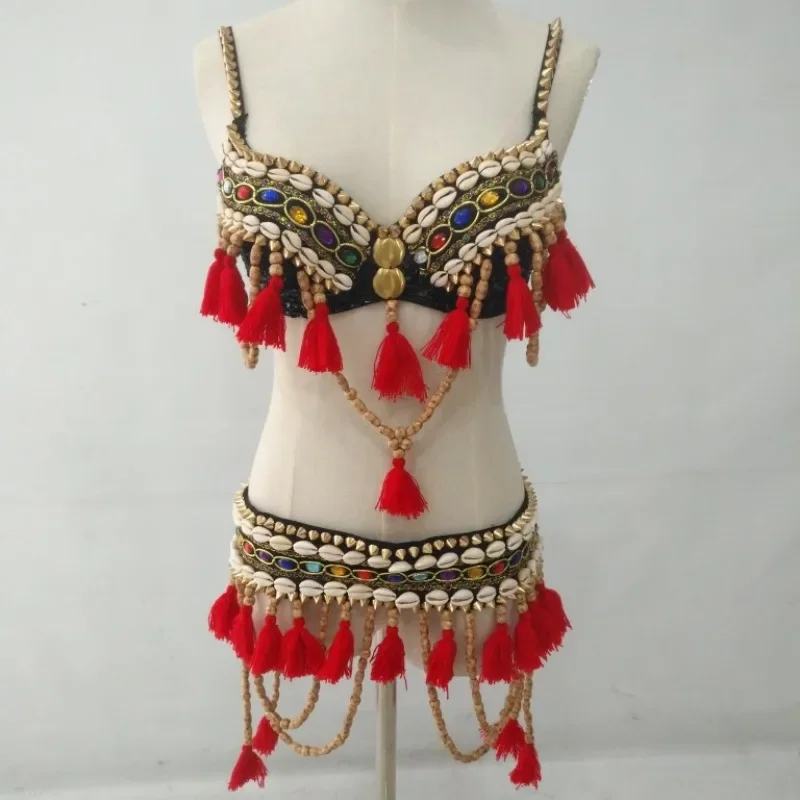 Red Tribal Fusion Belly Dance Costumes Set 3-piece Bra, Belt and Haren Pants Gypsy Costume Belly Dance Pants Costumes