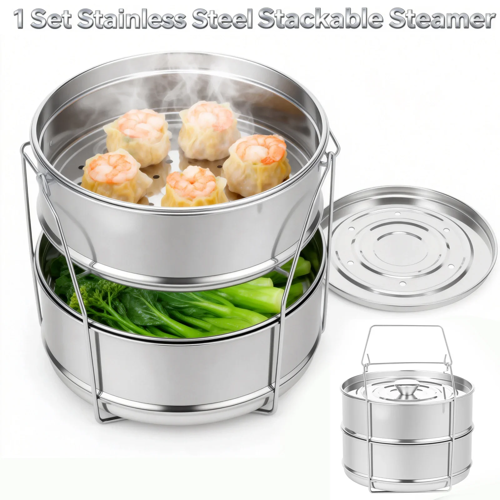 Stackable Steamer Insert Pans Double Layer Stainless Steel Stackable Insert Pans with Sling and Lid Efficient Steamer Insert Pan