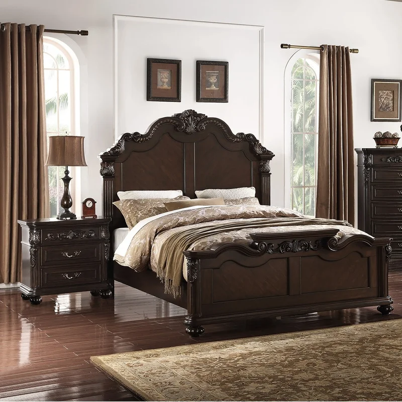 

Antique Cherry Queen Bed Set with Carved Nightstands, 3-Piece Formal Bedroom Furniture