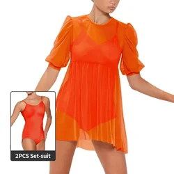 2 Pieces Babydoll Mesh Dress with Leotard Pullover Short Mini Skirt Puff Lantern Sleeves Girls Modern Lyrical Ballet Dance Wear