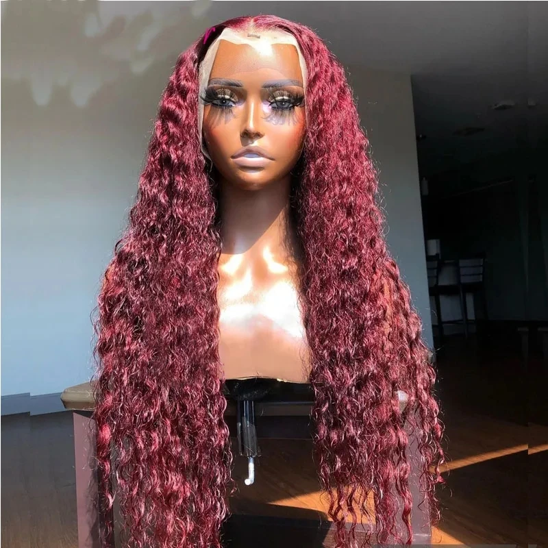 

Kinky Curly Burgundy Preplucked Soft Glueless 180% Density Long Lace Front Wig For Black Women 99j Babyhair Daily Wine Red