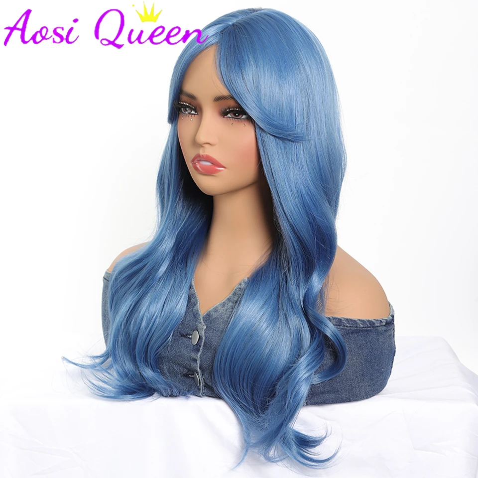 AosiQueen Misty Blue Long Wavy Synthetic Wigs Middle Part Natural Wave Wig Heat Resistant Cosplay Party Daily Hair Wig for Women