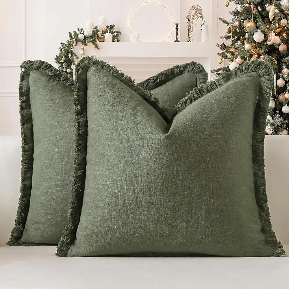 

Set Of 2 Linen Fringe Decorative Throw Pillow Covers 22X22 H Soft Accent Cushion Covers With Tassels Boho Farmhouse Home Decor