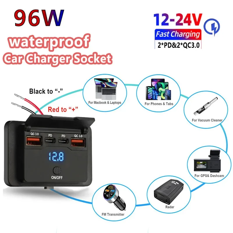 12V/24V USB Auto Ladegerät Buchse Dual QC3.0 PD Schnell Ladegerät Panel Outlet Adapter mit EIN/AUS für Lkw Camper Caravan Zubehör