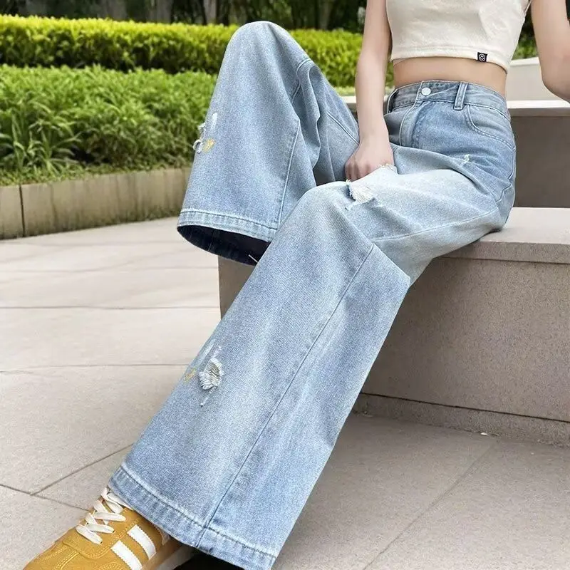 

Светло-голубые джинсы с широкими штанинами для женщин, летние, тонкие, с высокой талией, скрывающие недостатки фигуры, повседневные, длиной в пол