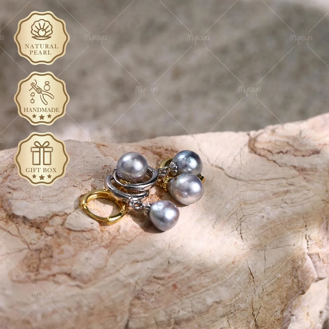 

Mysoya Japan Akoya Gray Baroque Pearl Round Earrings 6.5-7mm Golden Silvery S925 Gift Box Valentine's Day Birthday Gift For Her