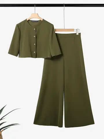 ZANZEA Plus Size Elegant Suits Women Buttons Tops and Wide Leg Pants 2025 Fashion Pant Sets Casual Solid 2pcs 2 Piece Outfit 5XL