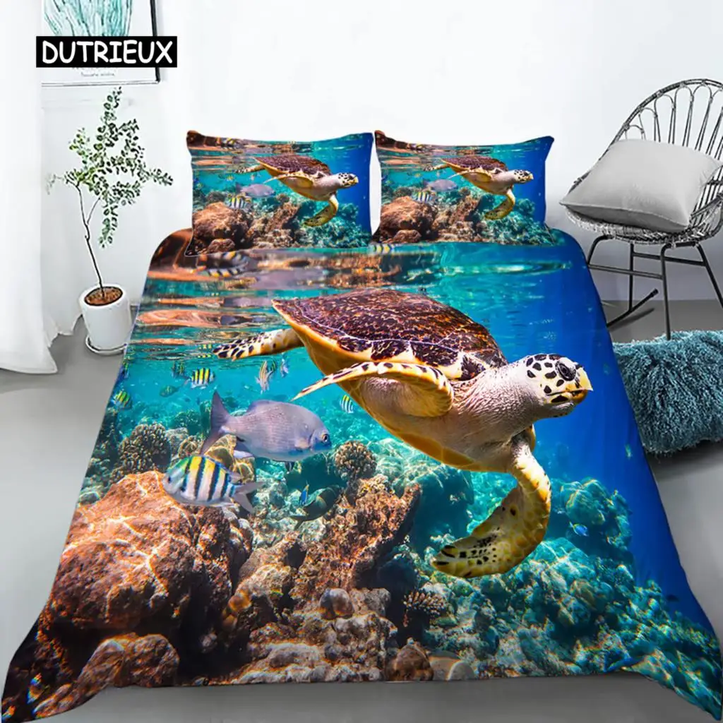 

Sea Turtle Duevt Cover Set King Size Ocean Turtle Themed Comforter Cover for Teens Boys and Girls Soft Polyester Quilt Cover