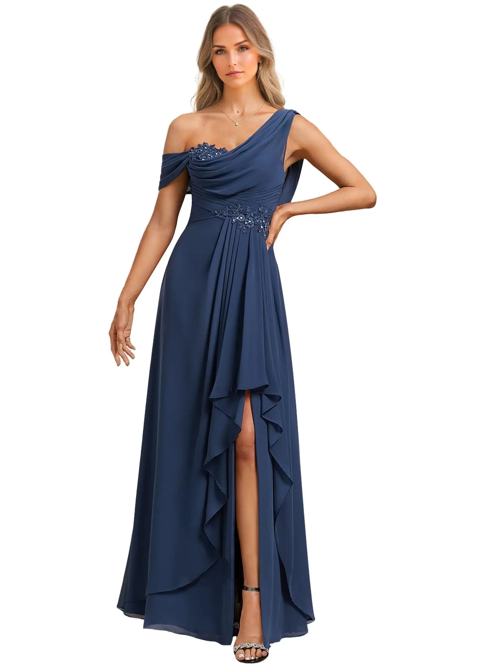 فستان زفاف شيفون نسائي مخصص مع فتحة جانبية أنيقة ترتر فستان أم العروس مزين بالدانتيل فستان سهرة للحفلات الراقصة