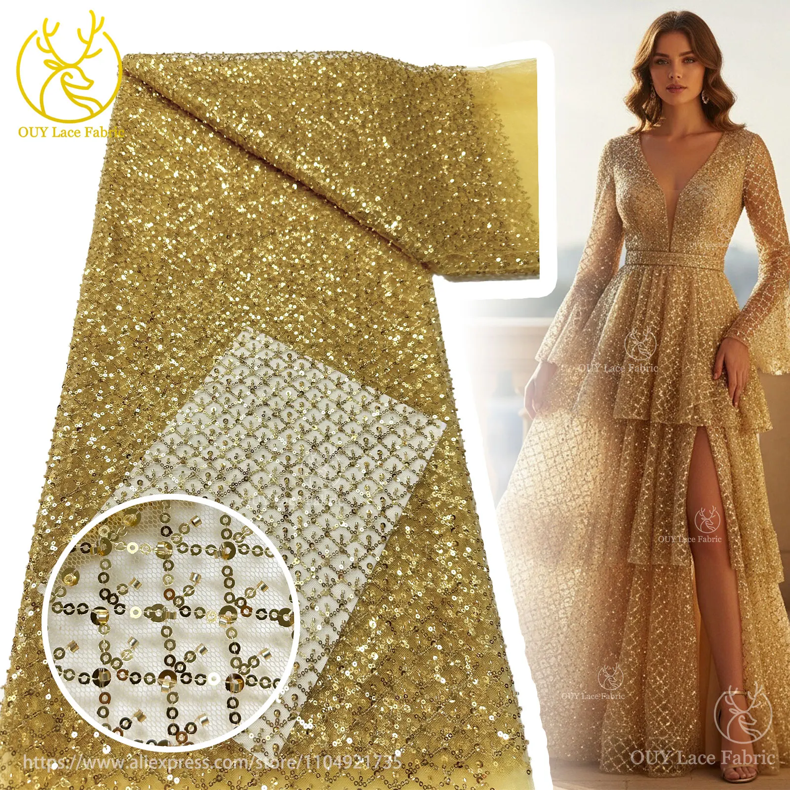 

Роскошная африканская кружевная ткань с золотыми бусинами, 2025 Prestige, нигерийская французская сетчатая кружевная ткань с блестками для женских свадебных платьев