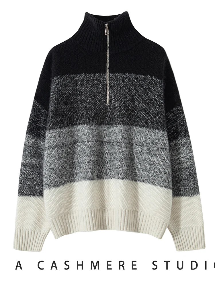 

TLOML Women's 100% Cashmere Sweater Turn Down Collar Zipper Pullover Autumn Winter Thick Warm Lazy Casual Cashmere Knitwear Tops