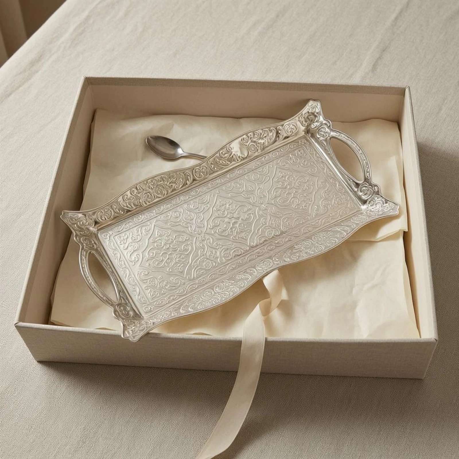 Metal Tray with Handles Openwork Rectangular Silver Tray Raised Border Decorative