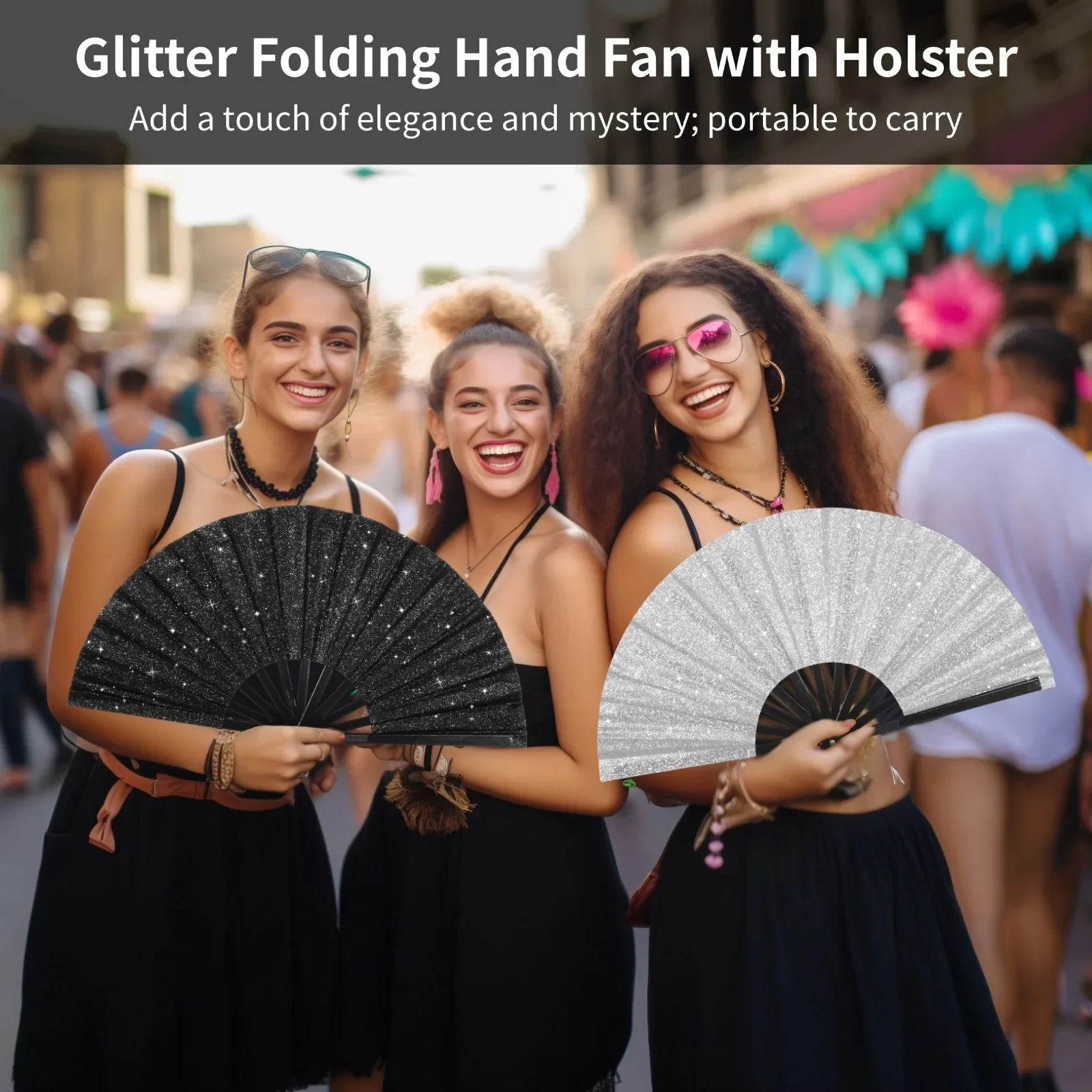 2Pcs Glitter Rave Fans Black Glitter Large Rave Folding Hand Fan Clack Handheld Fan With Holster Silver Sparkling Festival Fan