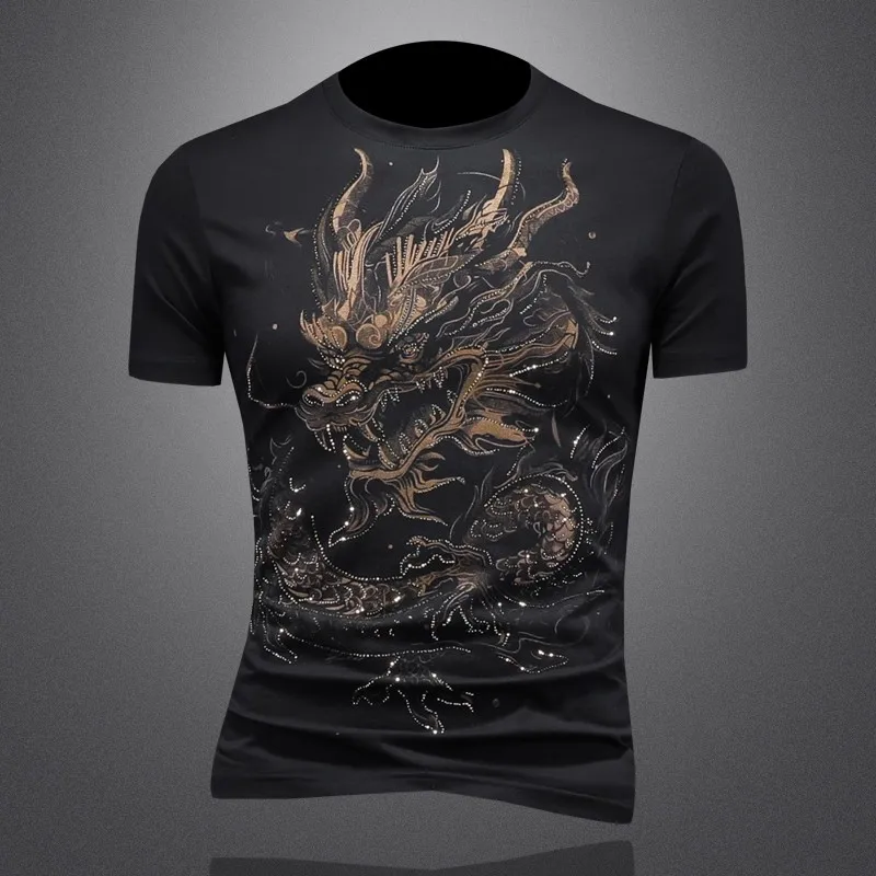 

Summer Men's Chinese Style Dragon Print Short Sleeve T-Shirt with Rhinestones Slim Fit round Neck Men's Clothing Large Size