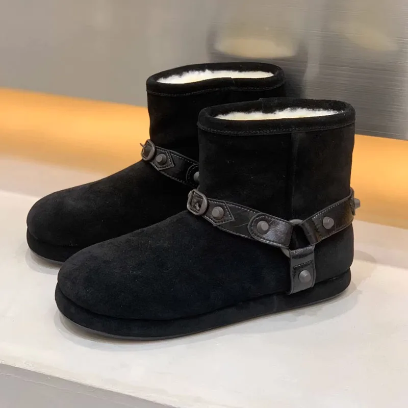 حذاء قصير من الجلد الطبيعي عالي الجودة حذاء نسائي مسطح غير رسمي حذاء دافئ من الصوف #4