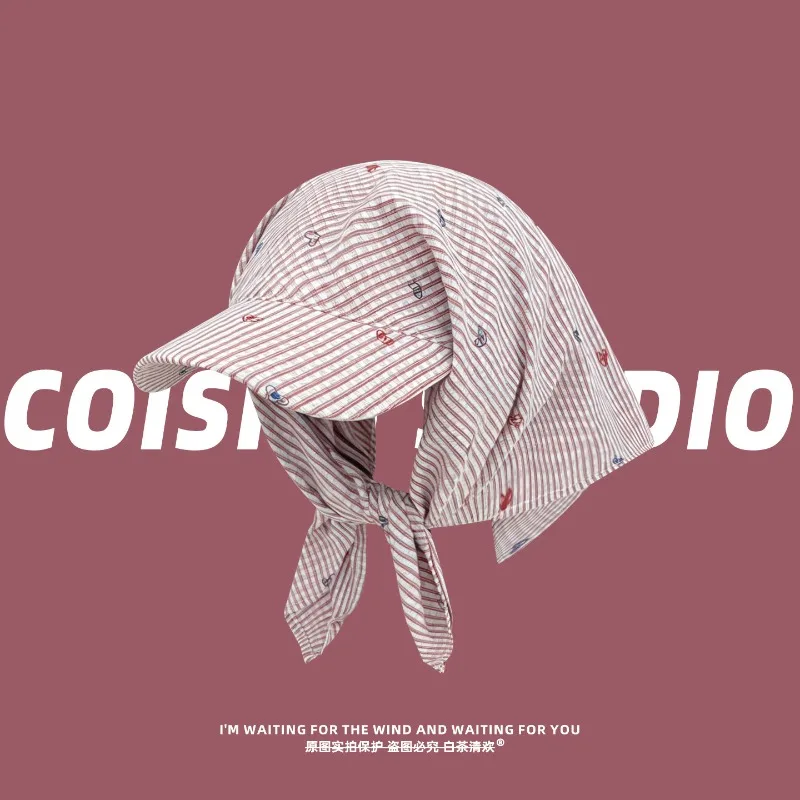 

Korean Striped Love Embroidery Strap Triangle Headscarf Hat Women's Spring and Summer Travel Casual Sunshade Baseball Caps