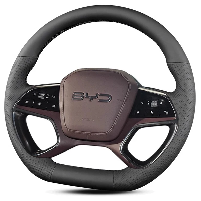 

Для BYD Seal 2023 2024, прошитый вручную черный нескользящий чехол на руль автомобиля из натуральной кожи, автозапчасти
