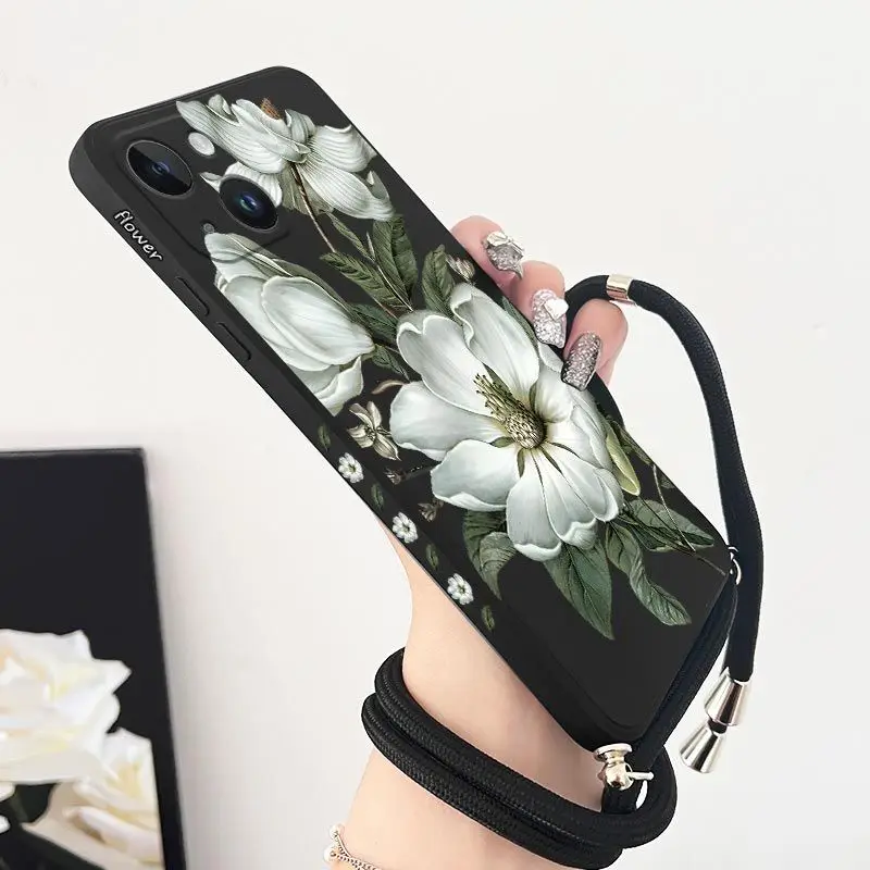 Wild Flowers Crossbody Lanyard Silicone Phone Case For iPhone 14 13 12 11 Plus Pro Max Mini X XR XS SE2020 8 7 6 6S Plus Cover