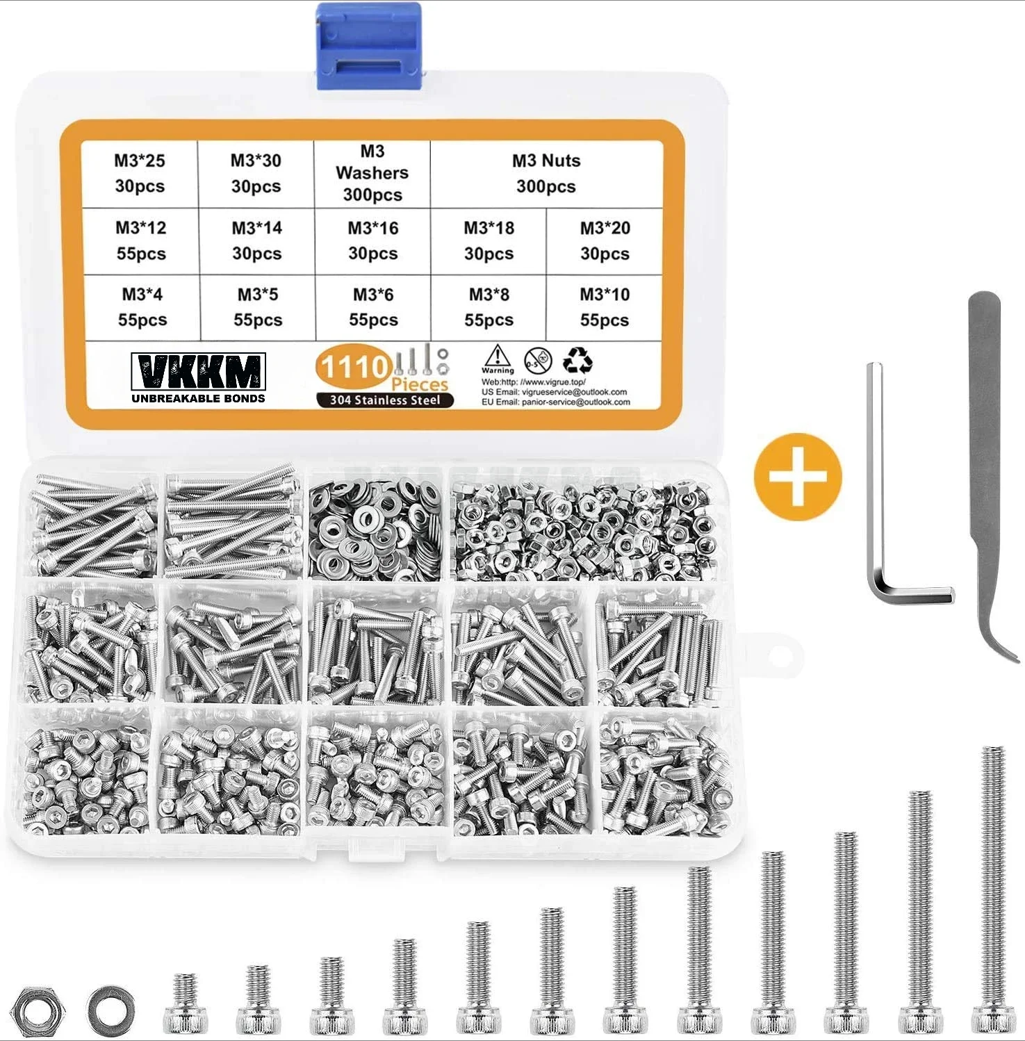 1110PCS M3 Hex Socket Head Cap Screws Nuts Kit,4-30mm Stainless Steel Screws Assortment Set wAllen Wrench and Tip Curved Tweezer