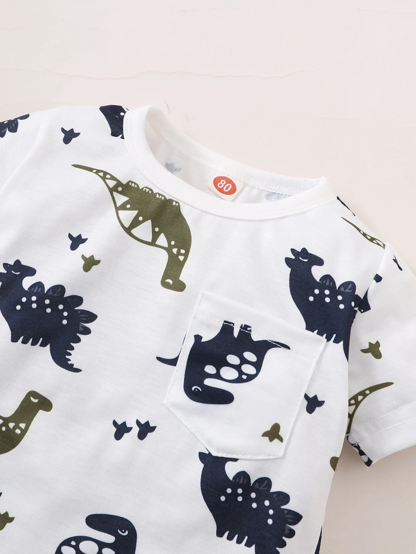 Casual Outing Clothes For Boys And Babies Summer Simple Set Crew Neck Cartoon Dinosaur Short Sleeve TopT-Shirt Army Green Shorts