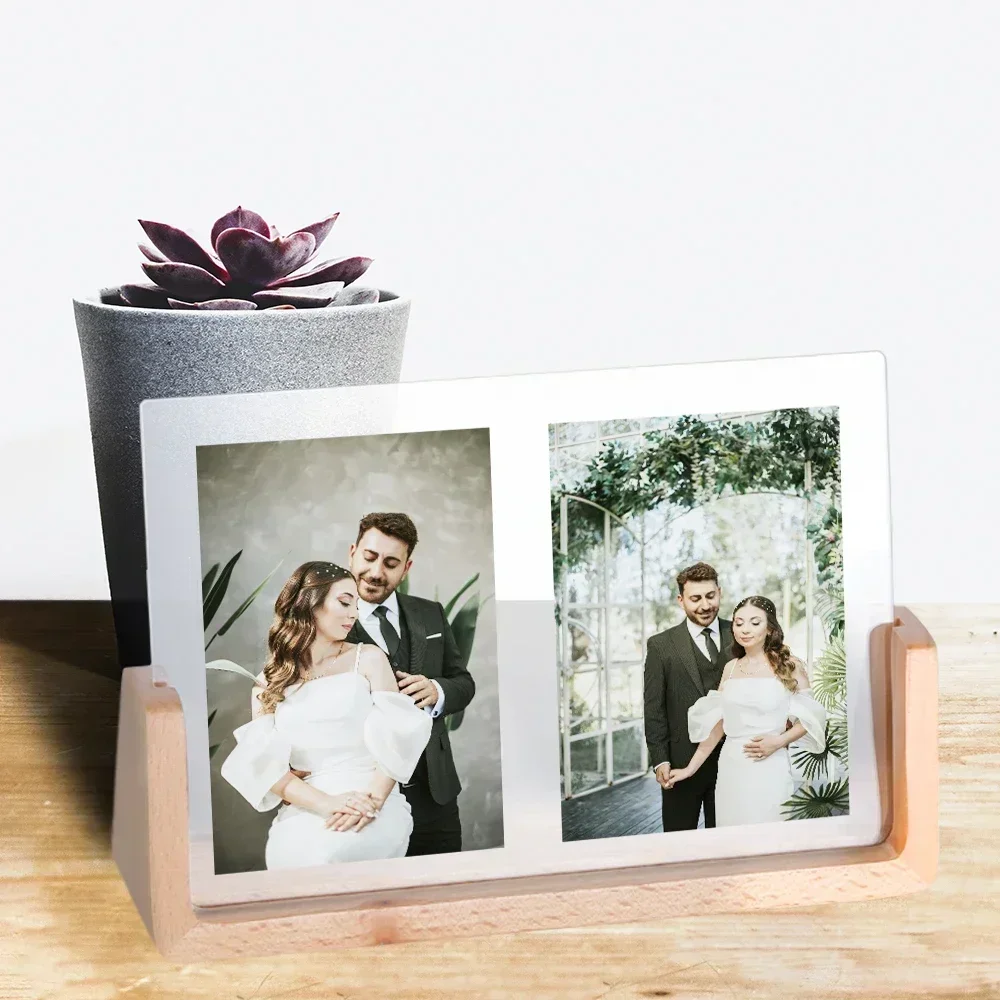 Wooden Picture Frames Custom Photo with Wood Base for Couple Desktop Display Engagement Wedding Anniversary Personalized Gifts