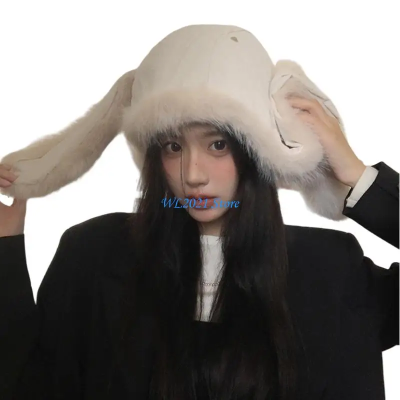 

G5GC Winter Warm Ear Flap Caps Long Rabbit Ears Hat Fashion Ushanka Hat for Daily Wear