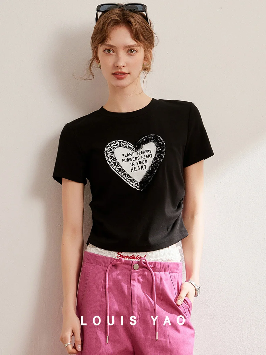 

LOUIS YAO Slim Fit Women's T-shirt 2025 Summer Sweet Heart-shaped Pattern Printed Lace Nail Bead Round Neck Short Sleeved Shirt