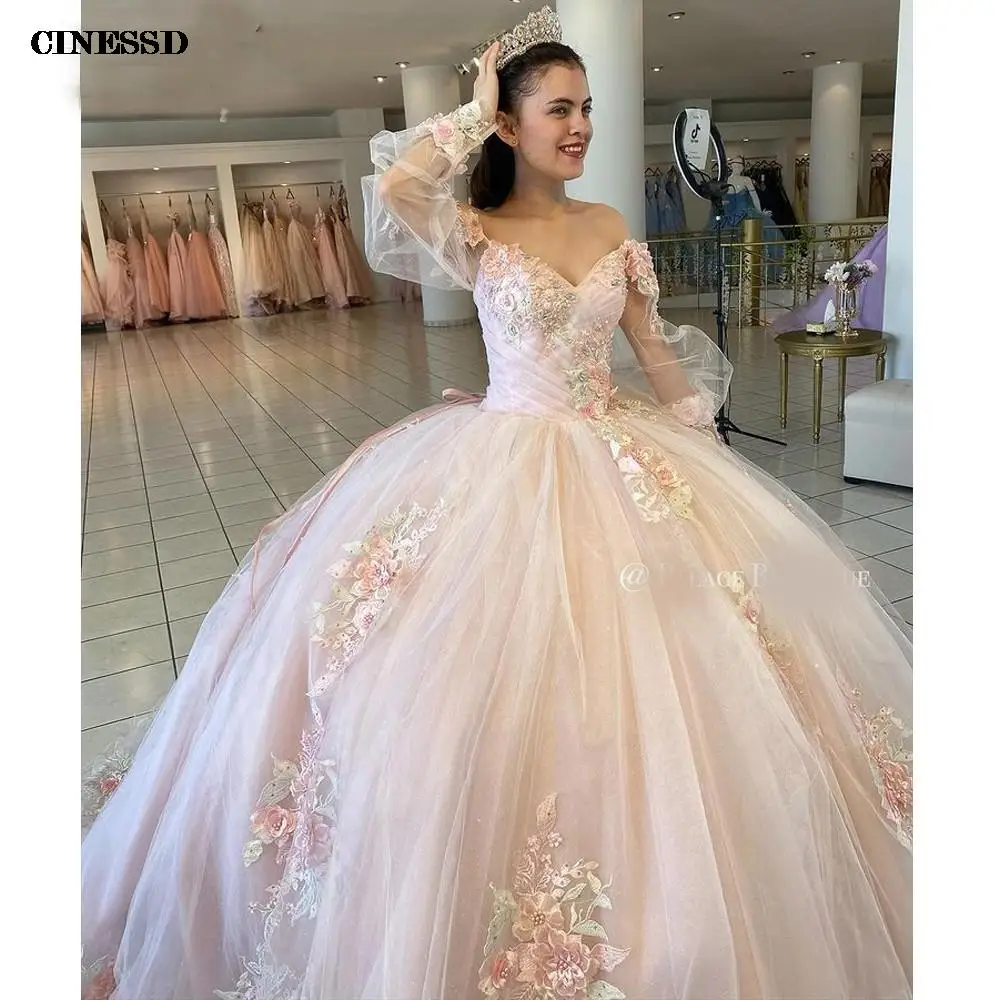 Roze Quinceanera Jurken Bloemen Ruches Sweetheart Vetersluiting Sweet 15 Meisjes Prinsessenjurk Vestidos De Quinceañera