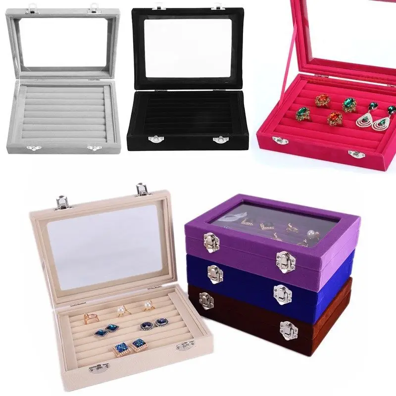 

Soft Velvet Jewelry rings Display Holder Box With Cover Ring Earrings Storage Tray Case Portable Jewelry Organizer For Travel