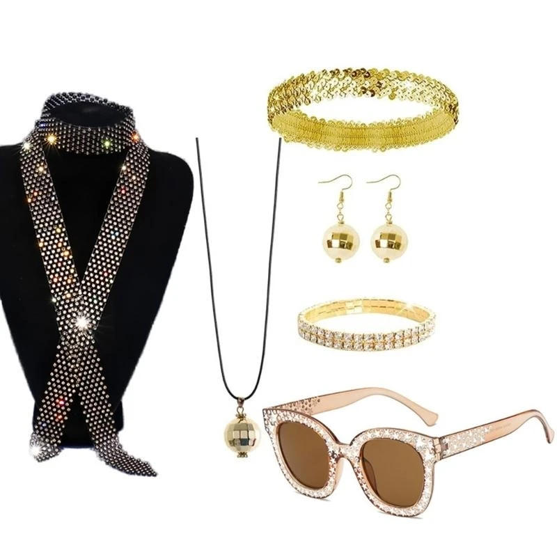 

7Pcs/Set Women Cosplay 1980s Rockstars Cool Outfits Accessories Ball Party Costume Dress Up Props for Adults Teenagers Kids