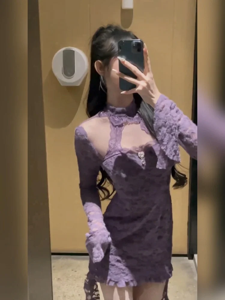 

XZY Sexy Purple Lace Ne Hanging Dr Women's plus Size Autumn Winter ort Skirt Commute Sle Korean Version Slim Fit