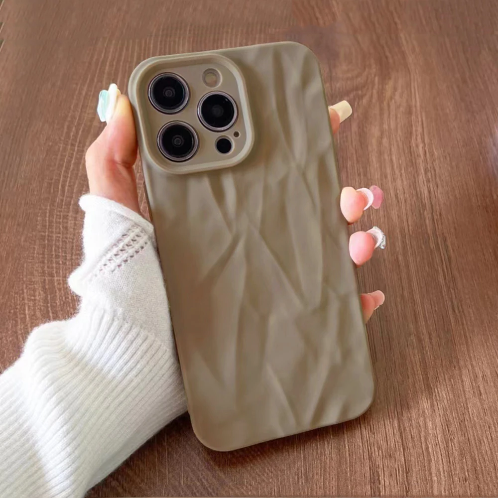 Luxury Silicone Fold Wrinkle Phone Case For iPhone 15 Plus 13 12 11 14 Pro Max X XR XS MAX 8 7 SE Soft Candy Color Full Cover