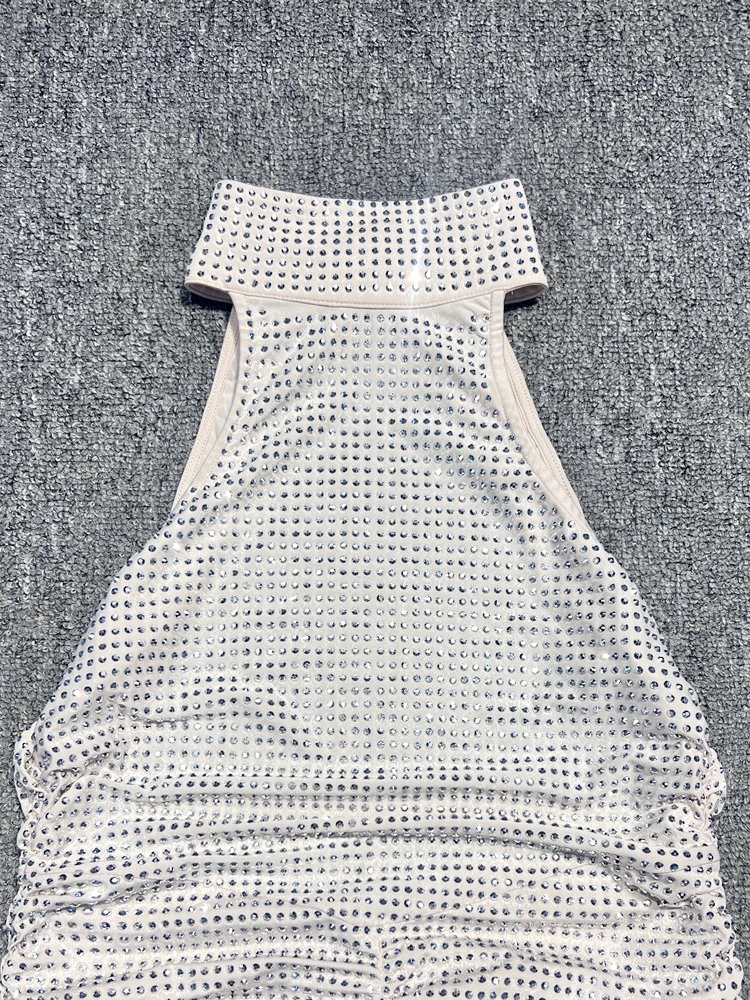 VC Halter Neck Backless Diamonds Long Dress For Women Sleeveless Folds Slim Formal Elegant Celebrity Cocktail Party Gown Vestido