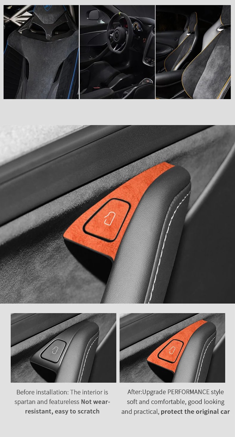 Hochwertige Wildleder-Verkleidung für Tesla Model 3/Model Y (2019-2022), Zierleiste für den Türöffnerknopf, Aufkleber, Tuning-Zubehör für den Fahrzeuginnenraum. – Detail 3