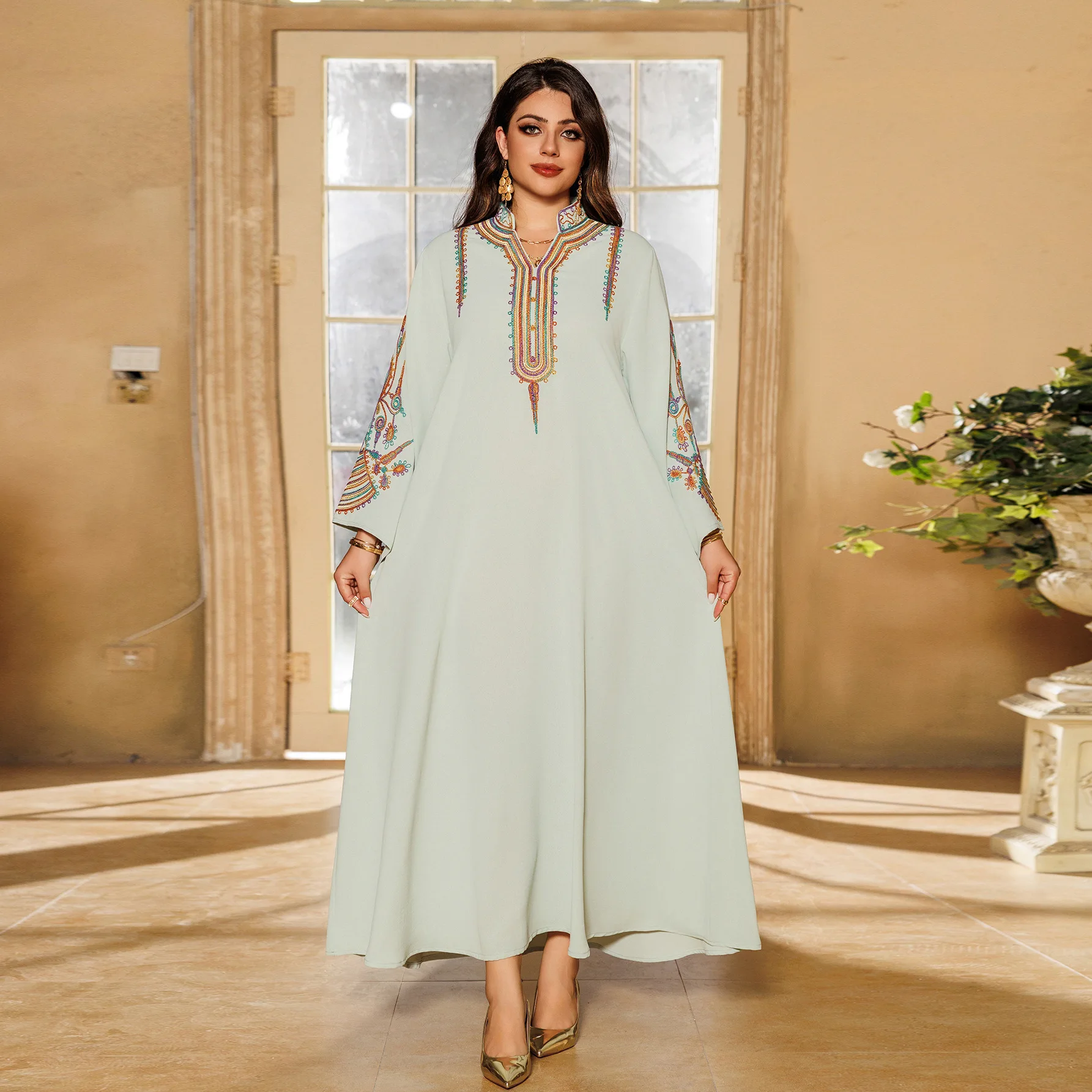 AB420 new women's embroidered rope embroidered Muslim pullover dress robe