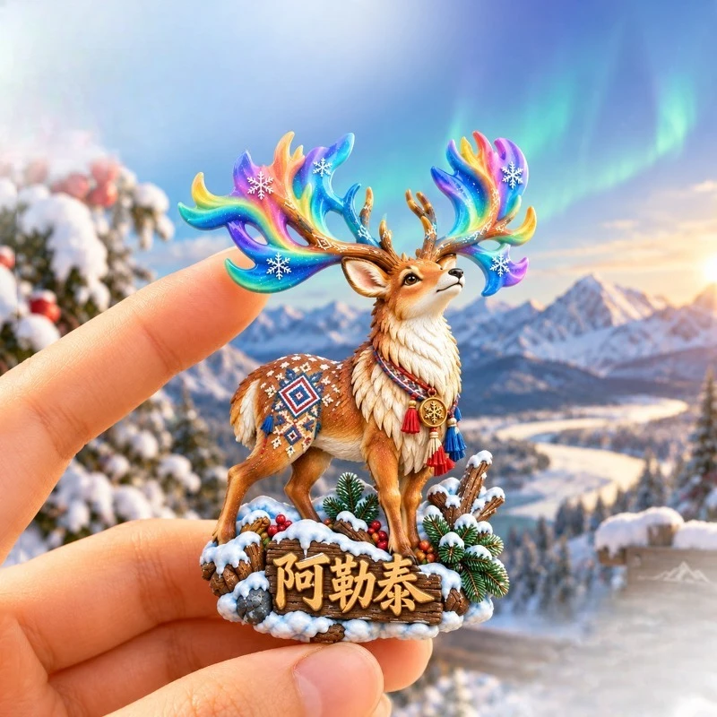 Altay Aurora Reindeer Fridge Magnet - Magical 3D Xinjiang Souvenir Unique Northern Gift for Travel & Winter Decor