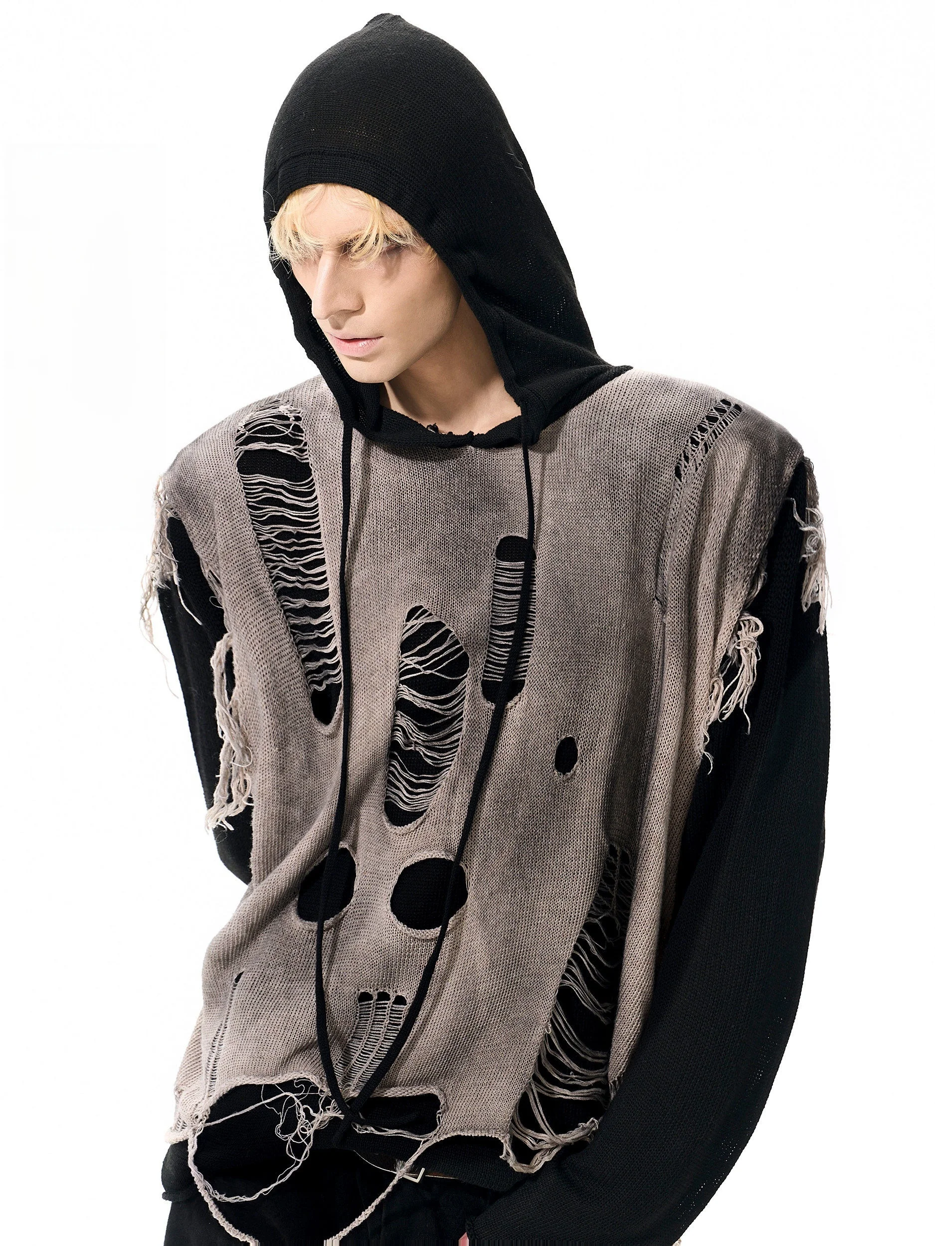 

Start Exceed End Men's Casual Knitted Sweater Real Two-Piece Dirt-Dyed Hoodie Autumn Fashionable Hole Design Breathable Polye...