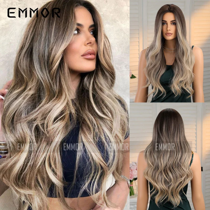 New for women, middle-parted gradient brown long curly hair, big waves, full head wig
