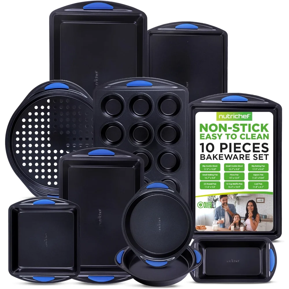 

10-Piece, Heavy Duty Carbon Steel Baking Trays w/Silicone Handles - Includes Cookie Sheets, 12-Cup Muffin Pan, Bakeware Sets