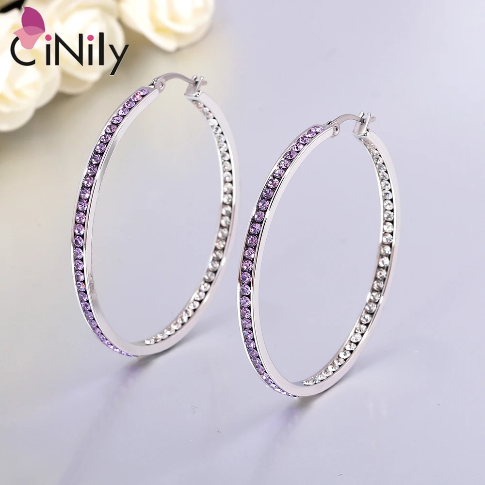 CiNily Multicolor Crystal Stainless Steel Sliver Hoop Earrings Big Round Circle Rock Punk Fully-Jewelled For Women Girls Party