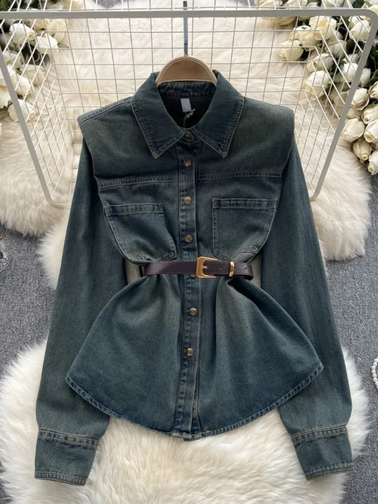 American Vintage Blouses Solid Color Turn Down Collar Long Sleeve Single Breasted Denim Shirts Spring Autumn Women Clothing 2024