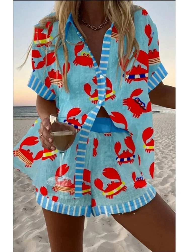 

Casual Print Sets Outfits Lady Fashion Short Sleeve Shirt Top+High Waist Shorts 2 Pieces Set For Woman Holiday Beach Clothes New