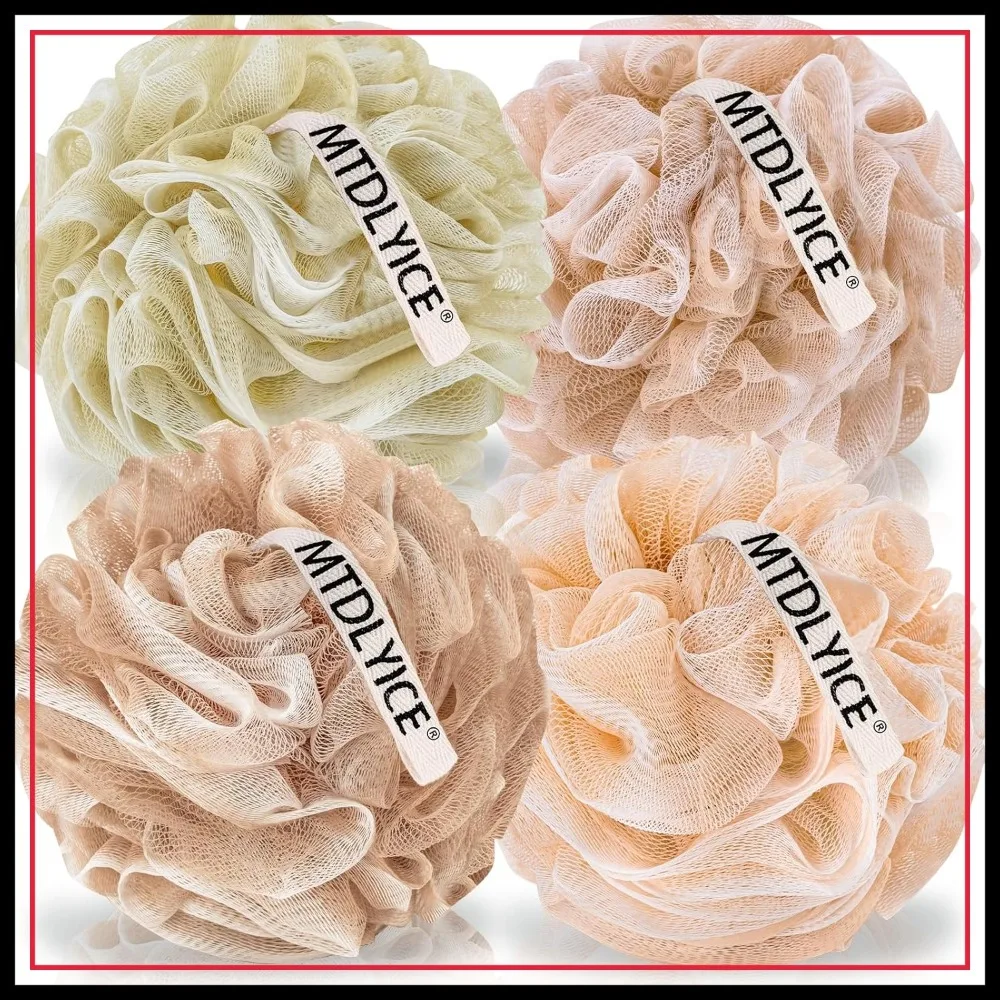 

XL Loofah Sponge 4 Pack, 75g Each, Soft Mesh Shower Scrubber, Body Wash Foaming Sponge for Men, Bath Accessories (Beige)