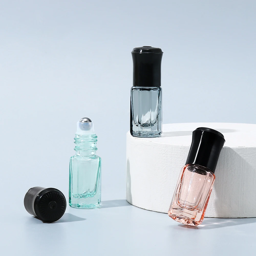 3pcs 3ml Mini Octagonal Shape Portable Glass Roll-on Bottles With Steel Ball - Perfect for Traveling and Storing Cosmetics